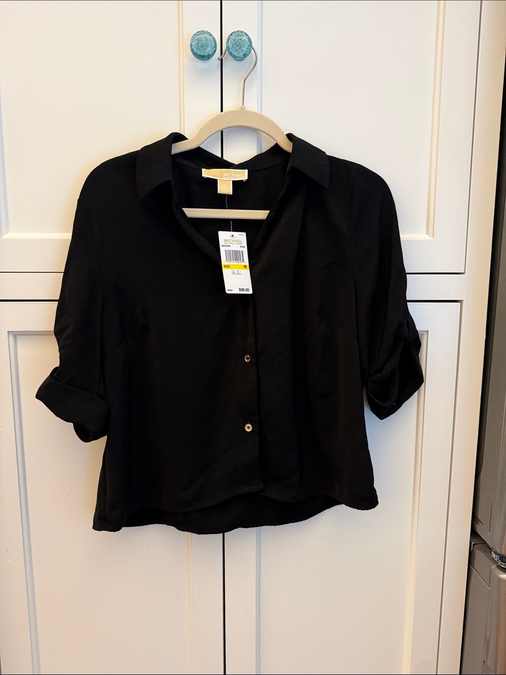 Michael Kors Black Short-Sleeve Button-Front Collared Top